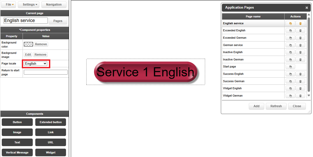 Service Scheduler configuration showing the Page locale set to English for the Service 1 widget, alongside the Application Pages list.