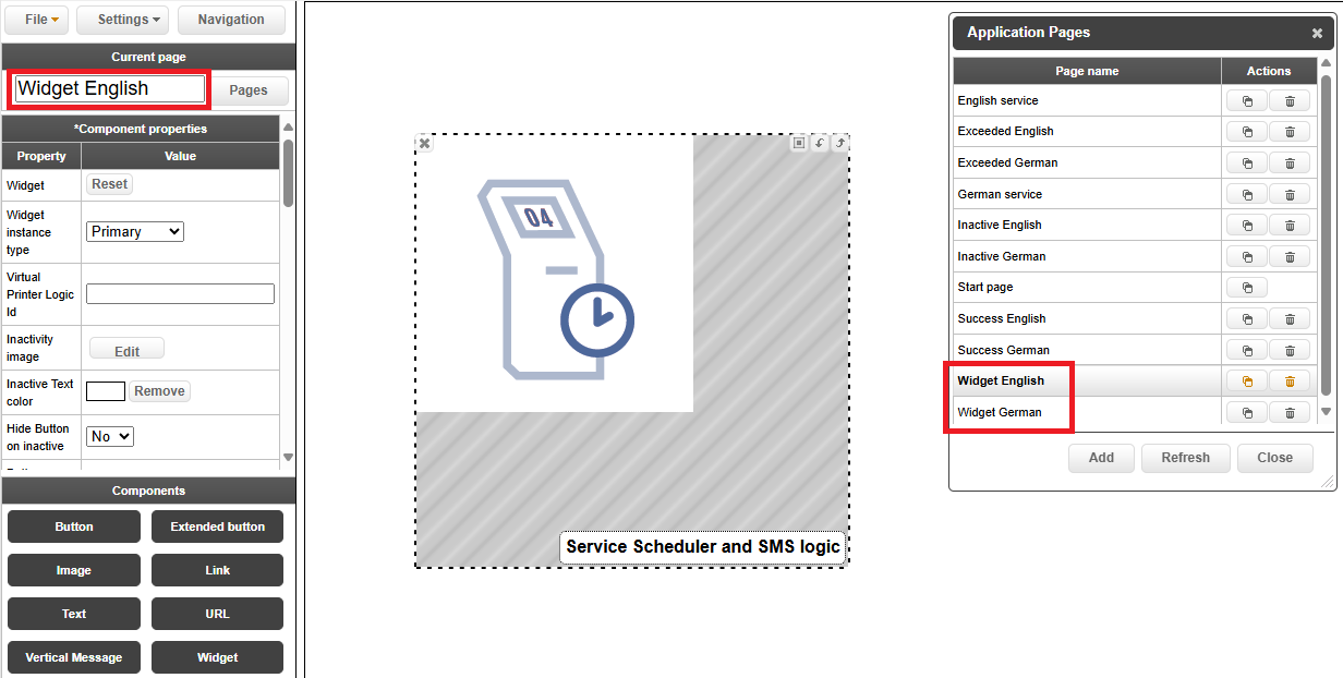 Widget English selected as the Primary instance type in the Service Scheduler configuration. The Application Pages list includes both Widget English and Widget German.